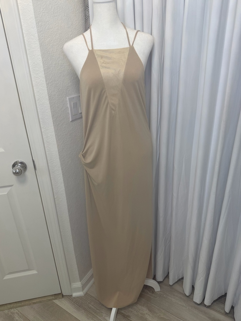 Zara W&B Collection Nude Backless Draped Maxi Dress Faux Suede Detail Size M